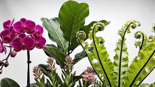 Displaying Bright Orchid, Fiddle Leaf Fig, and Bird's Nest Fern Against White Backdrop
