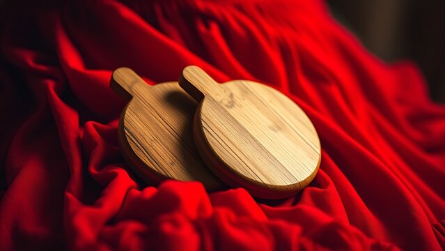 castanets. A pair of wooden castanets resting on the textured folds of a vibrant red Flamenco skirt. event programs, museum guides, designed for cultural heritage projects and event programs.