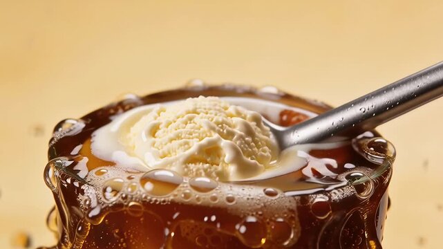 Refreshing Ice Cream Scoop Dropping into Bubbly Cola Drink.