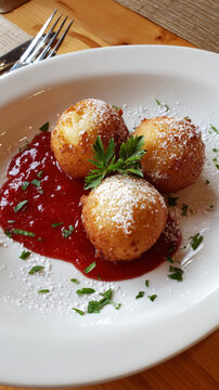 Fried dough balls with berry sauce and powdered sugar on plate