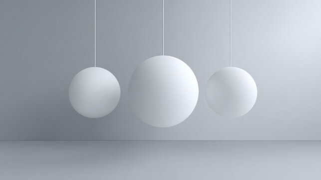 Minimalist interior with three hanging white spheres in studio