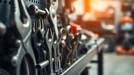 Obraz premium Automotive tools and mechanical parts arranged neatly in a close-up detail shot with workshop lighting. safety posters.
