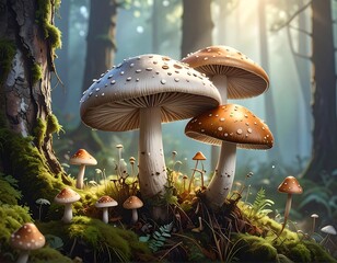 A serene forest scene featuring large and small mushrooms