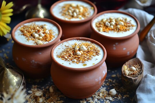 Traditional indian buttermilk chaas served in terracotta pots high resolution image