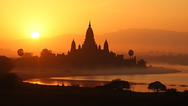  Ziggurat temple silhouette at sunset by a riverbank in misty atmosphere. inspiring travel planning, event programs, designed for cultural heritage projects and event programs.