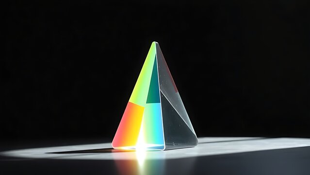  Clear glass prism refracting rainbow light spectrum on dark surface. STEM education sheets, lab safety posters, designed for biotech research communications, used by data analysts.