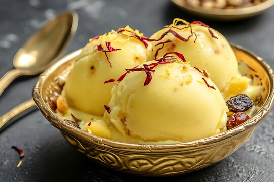 Scoops of saffron mango kulfi dessert in golden bowl high resolution image