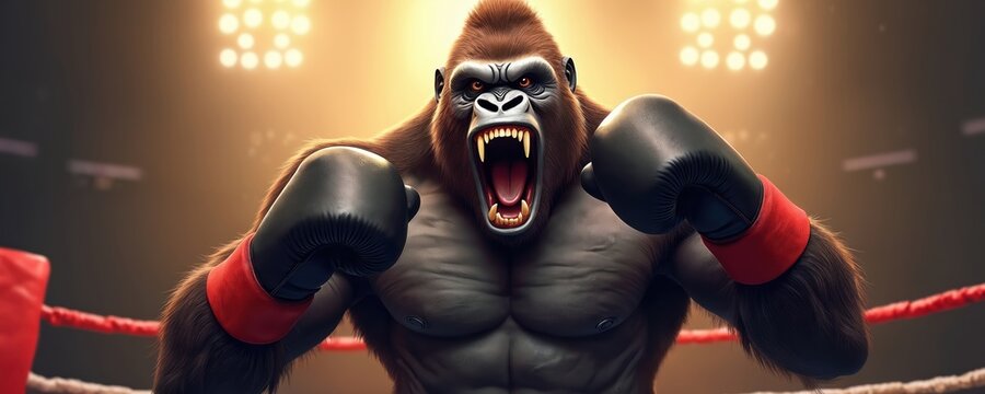 Angry gorilla boxer in ring wearing gloves. Strong primate fighter roars during championship match under bright stadium lights. Fierce animal competition.