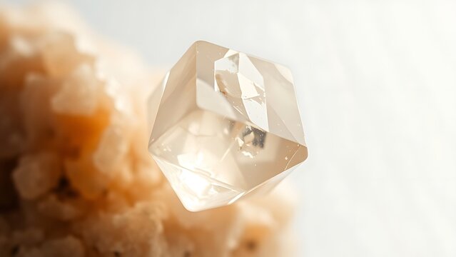  A naturally formed icosahedral crystal mineral, refracting geometric light in soft natural lighting against a clean background. STEM education sheets.
