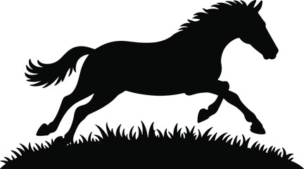 Silhouette of a powerful black horse galloping across a grassy hill with its mane and tail flowing dynamically in motion against a clean white background © Sarjia Worlds