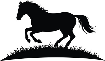 Silhouette of a powerful black horse galloping across a grassy hill with its mane and tail flowing dynamically in motion against a clean white background © Sarjia Worlds