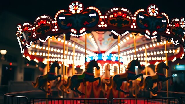 A vibrant carousel at night with colorful horses and festive lights. wildlife magazines, conservation campaigns, designed for wildlife conservation campaigns.