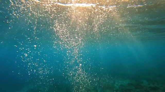 Underwater Bubbles Rising to Sunlit Surface, Turquoise Ocean Water