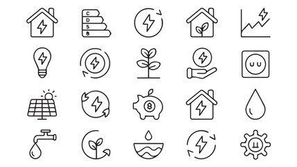 Fototapeta premium Eco-friendly energy icons representing renewable sources, efficiency, and sustainable power generation for environmental awareness