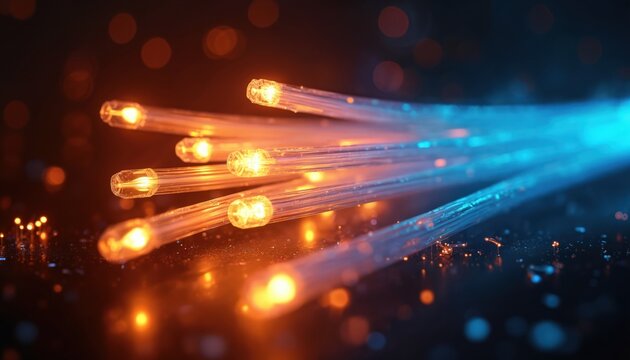 Bundles of fiber optic cables glow with orange and blue light, symbolizing data transmission and high-speed internet. Modern tech background shows digital network connectivity. - Powered by Adobe
