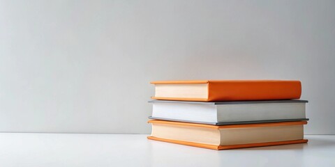 Fototapeta premium A stack of three books with orange, gray, and off-white covers rests on a minimalist white surface against a neutral background
