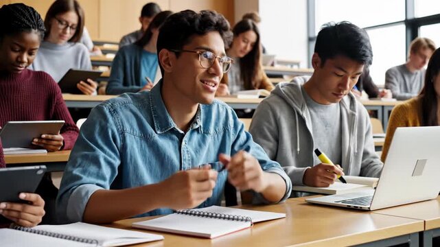 Diverse Students Attending Lecture In Modern Classroom Taking Notes On Laptops And Tablets During Daytime Study Session