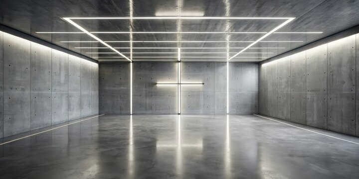 Modern minimalist interior design featuring a spacious room with concrete walls and a polished concrete floor, illuminated by linear LED lighting fixtures creating a sleek and sophisticated ambiance
