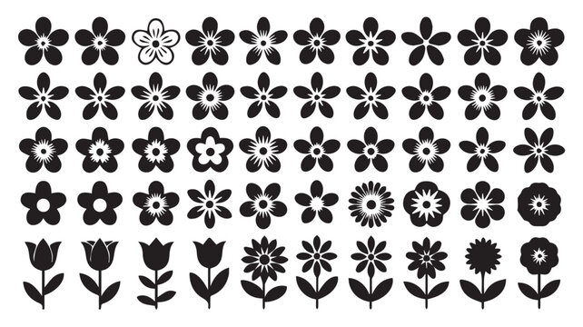 A diverse collection of floral vector icons in black and white, featuring various flower and tulip shapes