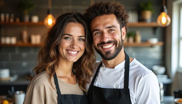 Young couple works together in restaurant kitchen. Woman and man smile, wearing aprons. Chef and waitress are partners in eatery business. They love their job.