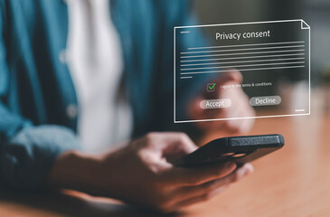 Close up shot of people using smartphone and laptop decided to accept or decline to share Privacy...