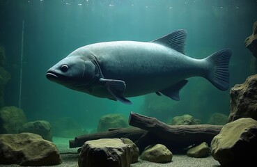 Large Arapaima fish swims underwater in aquarium habitat. Giant freshwater Pirarucu displays scales, fins. Aquatic life, big predator, exotic species in clear blue water with rocks and logs.