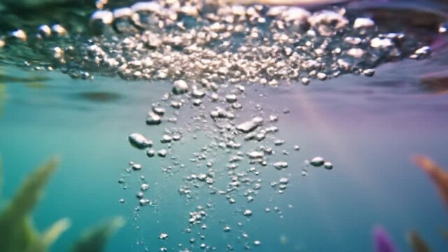 Abstract Underwater Bubbles Rising to Surface, Light Rays, Colorful Water