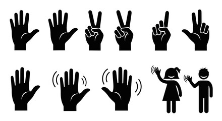 Fototapeta premium Collection of Black Silhouette Hand Gestures and Figures Waving for Communication