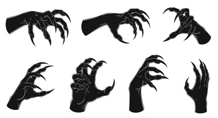 Collection of Black Silhouette Monster Hands with Sharp Claws Extended in Attack Pose © Asahi