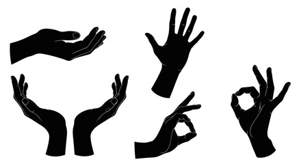 Fototapeta premium Set of Diverse Hands in Silhouette Gestures, Representing Communication, Actions, and Signals