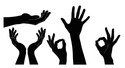 Fototapeta premium Diverse Silhouette Hands Poses Collection, Gestures and Symbols, Isolated Black Shapes