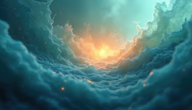 Abstract swirling clouds with sun glow. Deep blue and teal water like forms move in cosmic space. Bright light shines from horizon center creating ethereal effect.