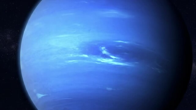 Vast blue Neptune, a gaseous giant planet in the cosmos, illuminated by a distant star, showcasing its atmospheric swirls and stormy clouds
