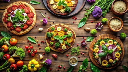 Aromatic Flatbreads Topped with Vibrant Vegetables and Fresh Herbs on Rustic Wooden Surface