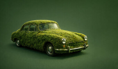 Abandoned and Forgotten Vintage classic car covered with green moss or grass isolated on a dark green background