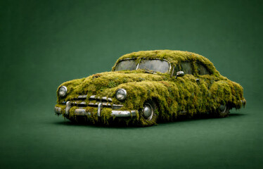 Abandoned and Forgotten Vintage classic car covered with green moss or grass isolated on a dark green background