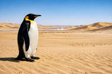 Emperor penguin standing on a sunny hot isolated desert impact of global warming