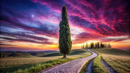 Serene Sunset Landscape with Rolling Hills, Cypress Trees, and a Stone Path