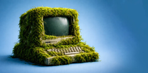 Vintage computer with keyboard covered with green moss or grass isolated on a blue background