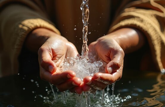 Man in brown robe cups hands catching fresh water stream pouring from above. Gentle splash wets fingers creating droplets. Life giving element poured from above onto waiting hands.