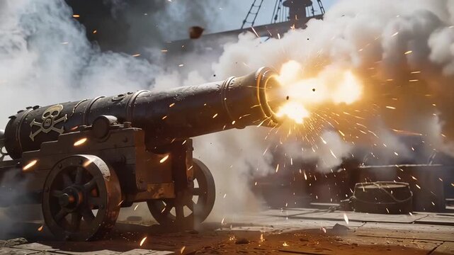 Historic Cannon Firing with Explosive Smoke and Debris.