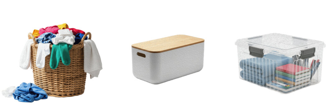 Set of home organization containers, wicker laundry basket with clothes, modern white storage bin and clear plastic box isolated on white background