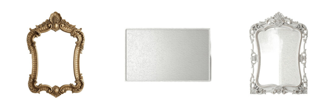 Set of elegant mirrors with ornate gold and silver baroque frames, collection of classic rectangular and vintage decorative wall mirrors isolated on white background