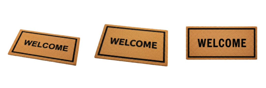 Set of brown coir doormats with welcome text, rectangular entrance floor mats for home and office decor isolated on white background