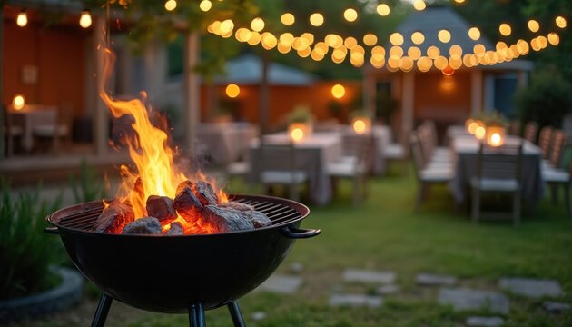 Barbecue grill burns brightly with hot coals and flames. Garden party setup with tables and string lights creates warm evening atmosphere. Friends gather for outdoor meal.
