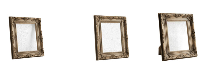 Set of elegant ornate golden picture frames in different angles isolated on white background.