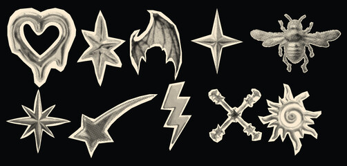 Hand-Drawn Halftone Gothic Symbols Set&mdash;Metallic Stars, Lightning, Cross & Abstract Icons on Black Background