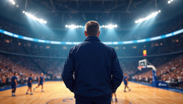 Man in navy jacket stands on basketball court facing cheering crowd and arena lights. Players warm up on wooden floor. Focused coach observes game from sideline.