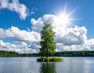 A serene lake with a small island featuring a tree under a sunny sky