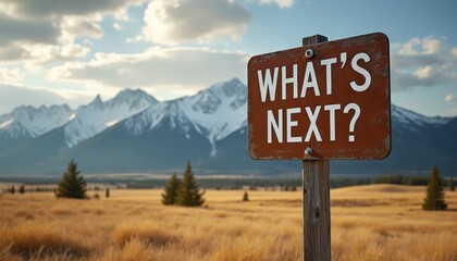 Roadside sign asks WHATS NEXT in scenic mountain landscape. Dry grass field, pine trees, snow capped peaks under sky. Journey decision, future path, unknown direction concept.